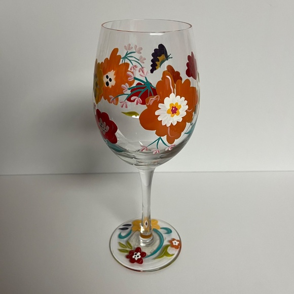 Pier 1 Imports Spring Floral Hand Painted Wine Glass Water Goblet Mouth Blown - Picture 4 of 12